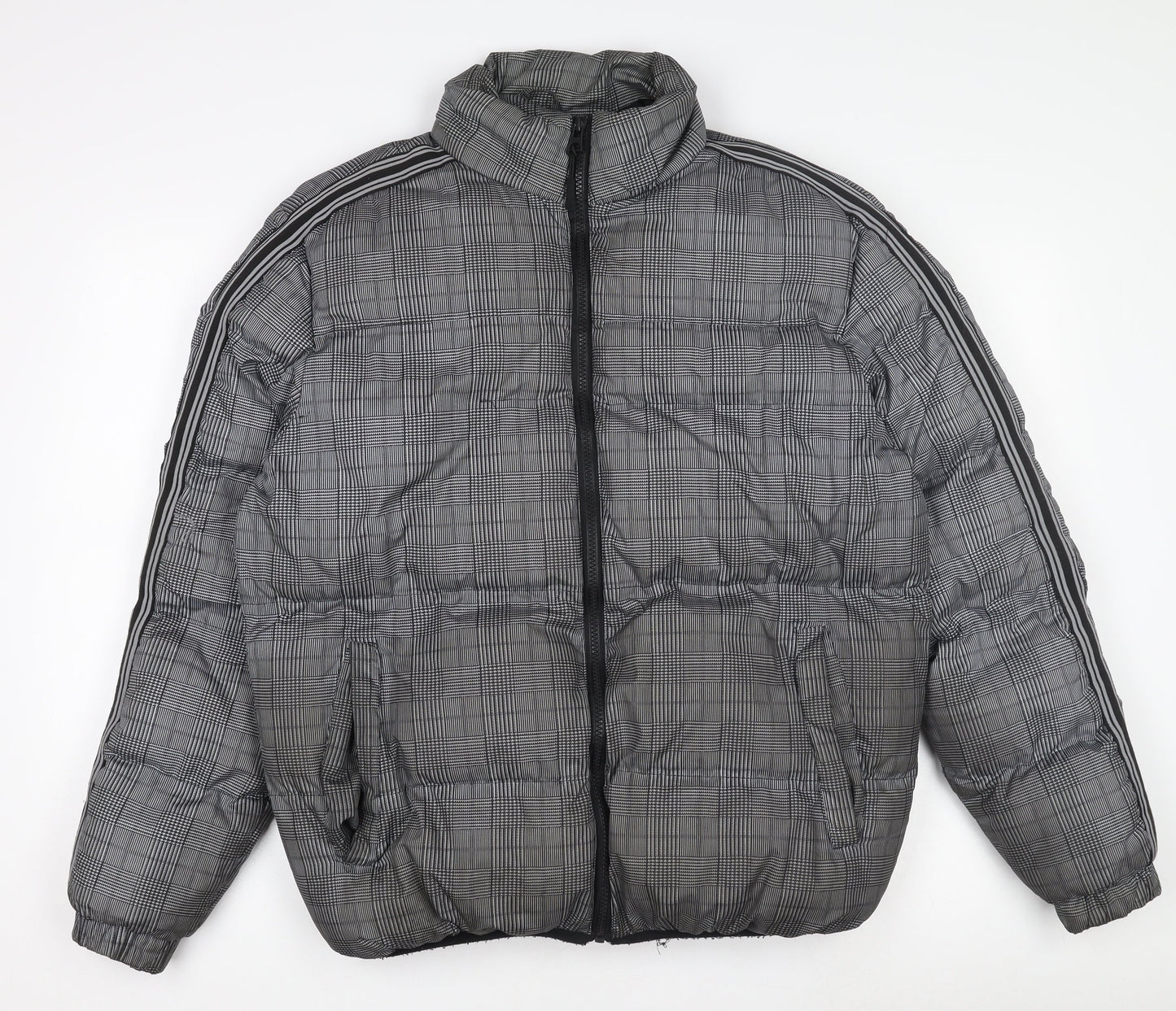 Brave Soul Men's Grey Check Puffer Jacket M Winter Polyester Zip Up
