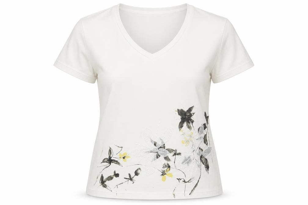 CMD Womens White Floral Embroidered V-Neck Cotton T-Shirt M