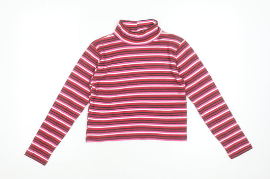Beyond Retro Women's Red Striped Roll Neck Cropped Jersey Long Sleeve T-Shirt Size M