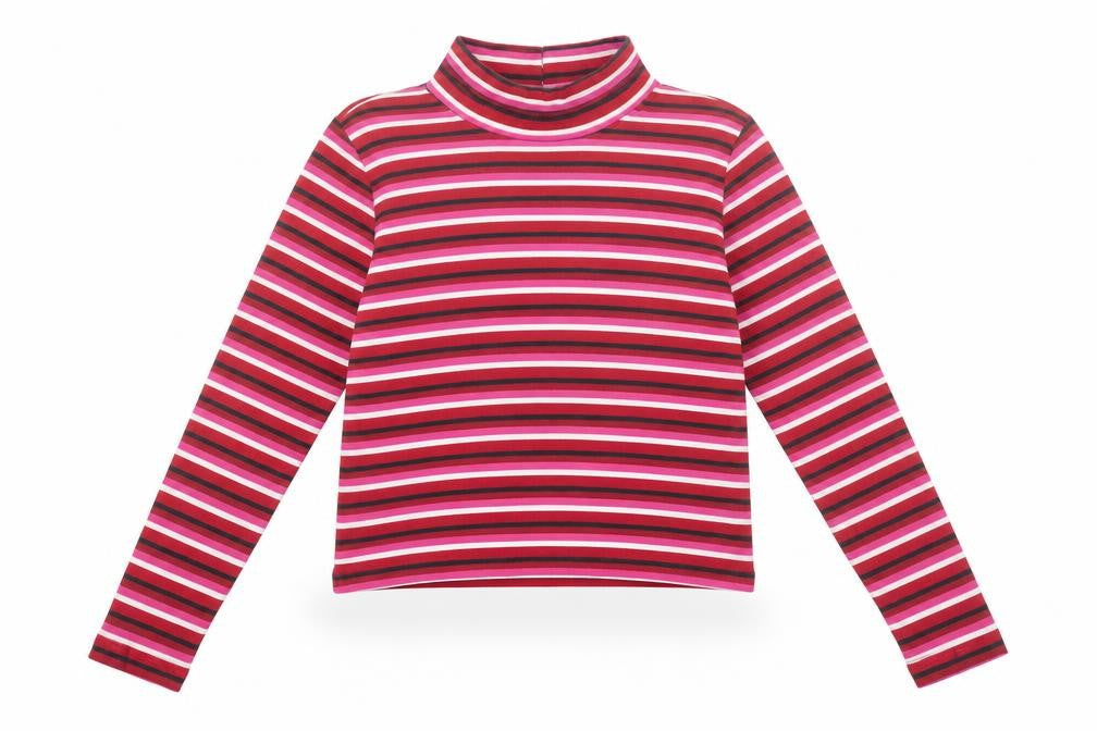 Vintage Women's Red Striped Roll Neck Cropped Jersey Long Sleeve T-Shirt Size M