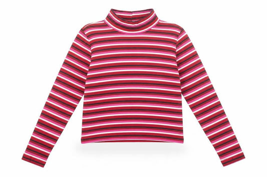 Vintage Women's Red Striped Roll Neck Cropped Jersey Long Sleeve T-Shirt Size M