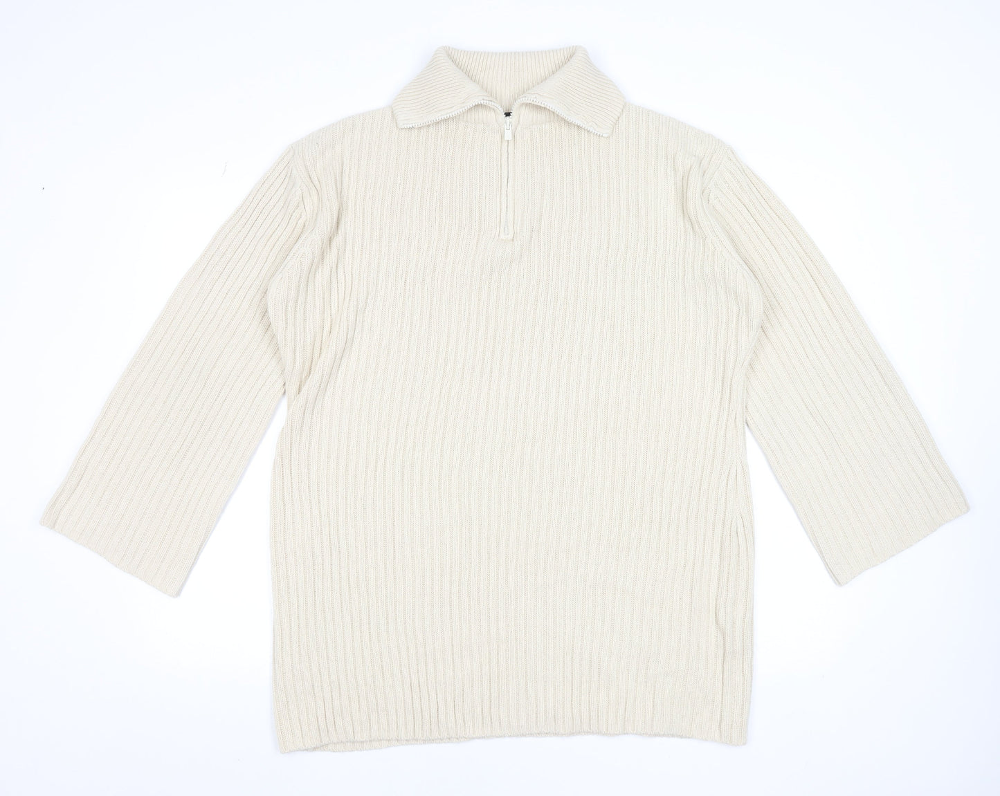 Threadbare Women Beige Collared Half Zip Ribbed Knit Jumper Size 12