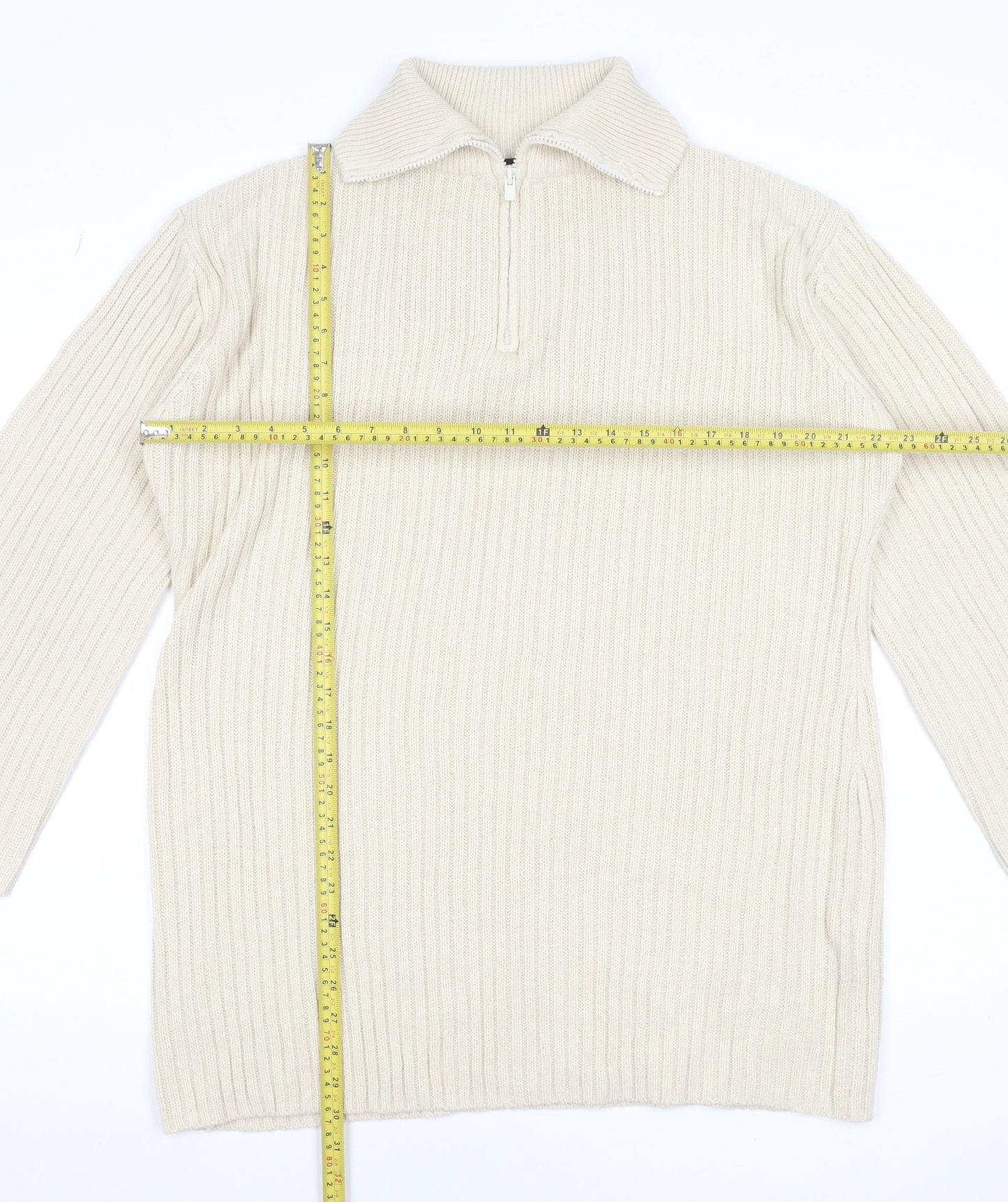 Threadbare Women Beige Collared Half Zip Ribbed Knit Jumper Size 12