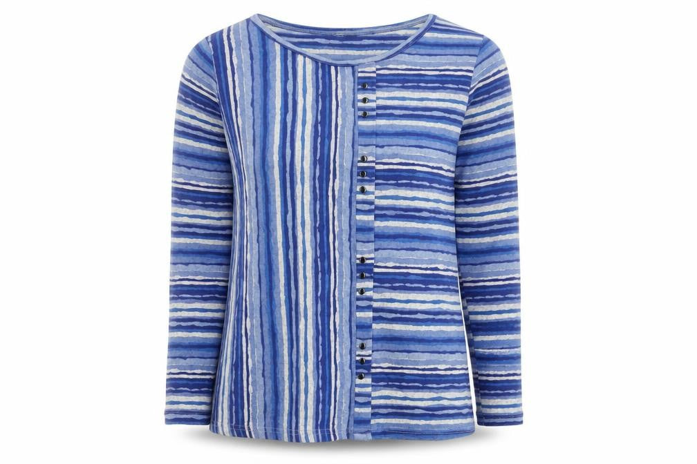 Isle Collection Women Blue Striped Long Sleeve Stretch Top Size S