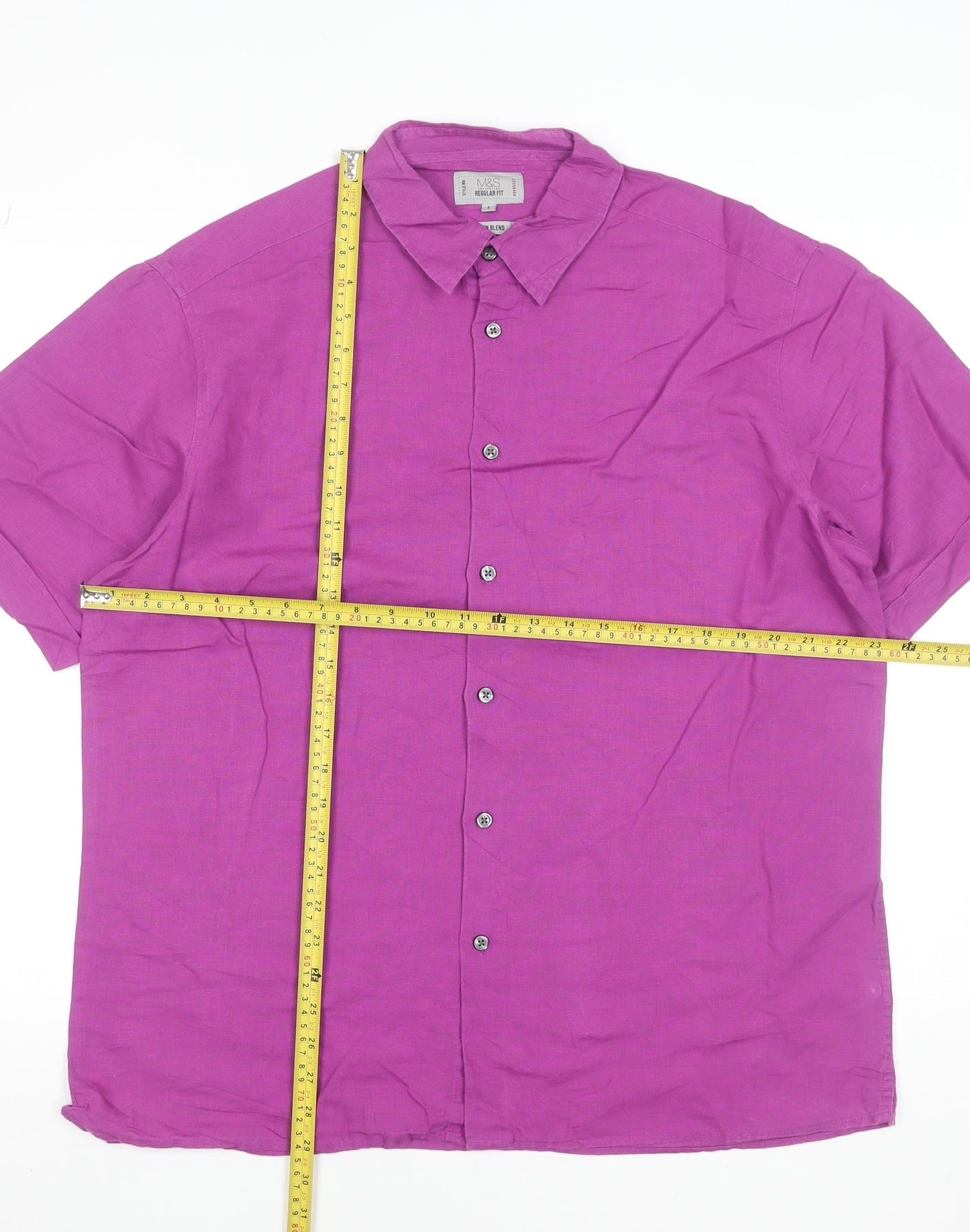 Marks and Spencer Men's Purple Linen Blend Short Sleeve Button-Up Shirt L 41-43"