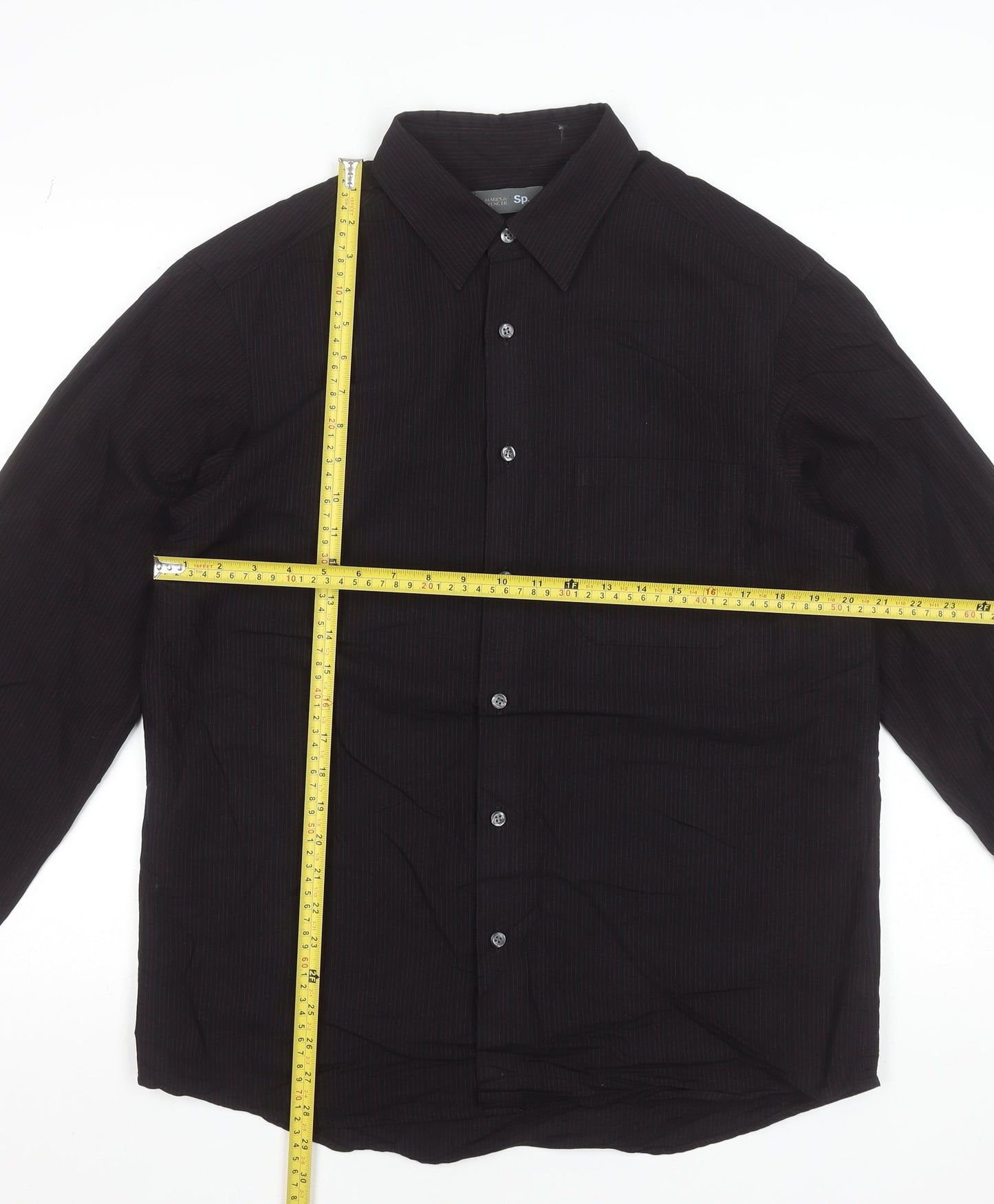 Marks and Spencer Men's Black Striped Viscose Blend Long Sleeve Dress Shirt M