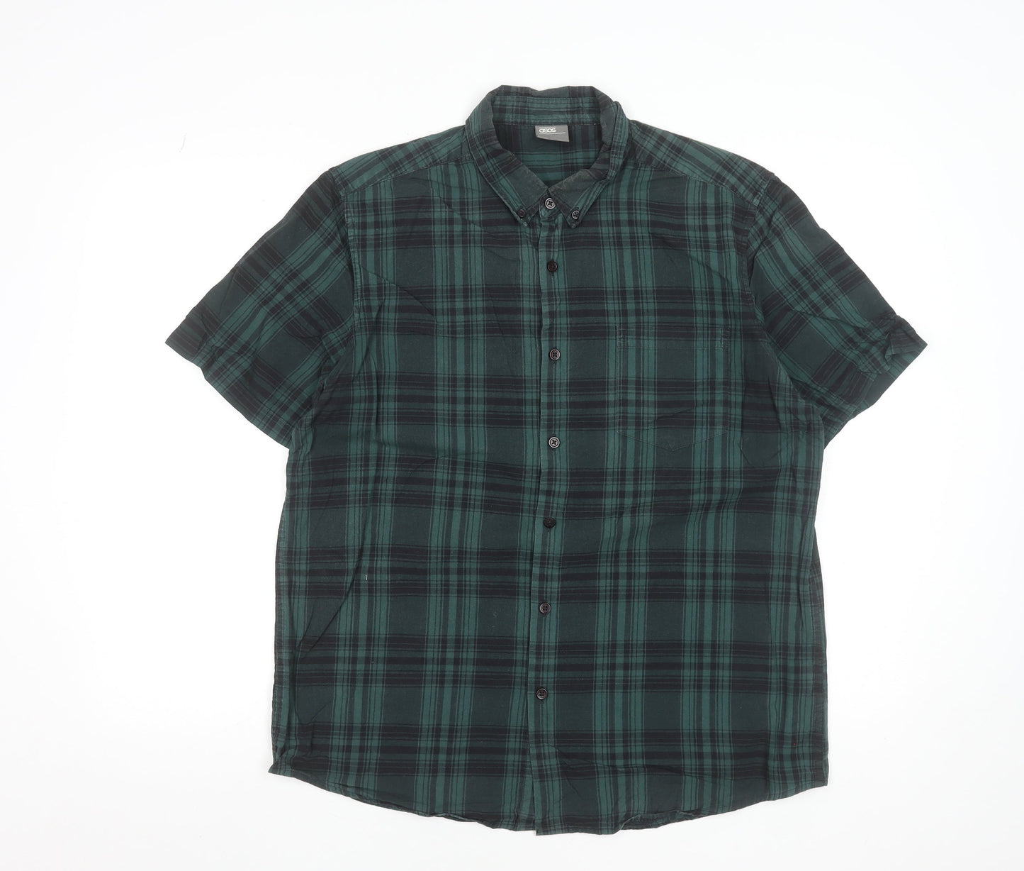 ASOS Men Green Plaid Cotton Short Sleeve Button-Up Shirt Size L