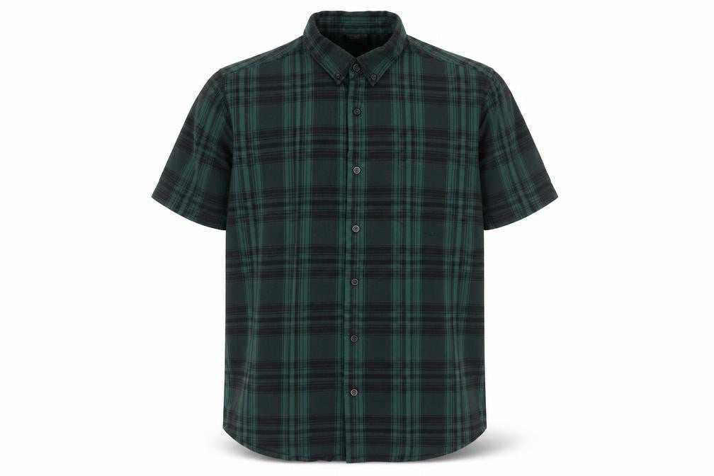 Front view of ASOS Men Green Plaid Cotton Short Sleeve Button-Up Shirt, size L
