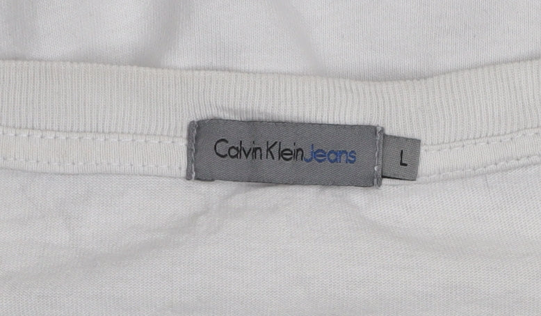 Calvin Klein Jeans White Crew Neck Cotton T-Shirt Men L Regular Fit