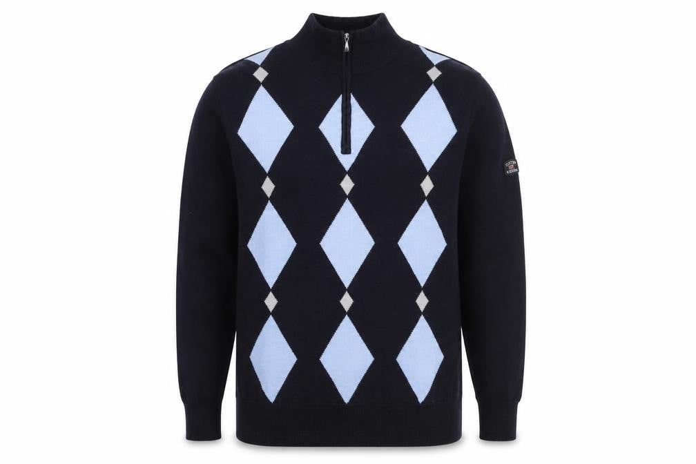 Cutter & Buck Men's Blue Argyle 1/2 Zip Wool Blend Jumper M