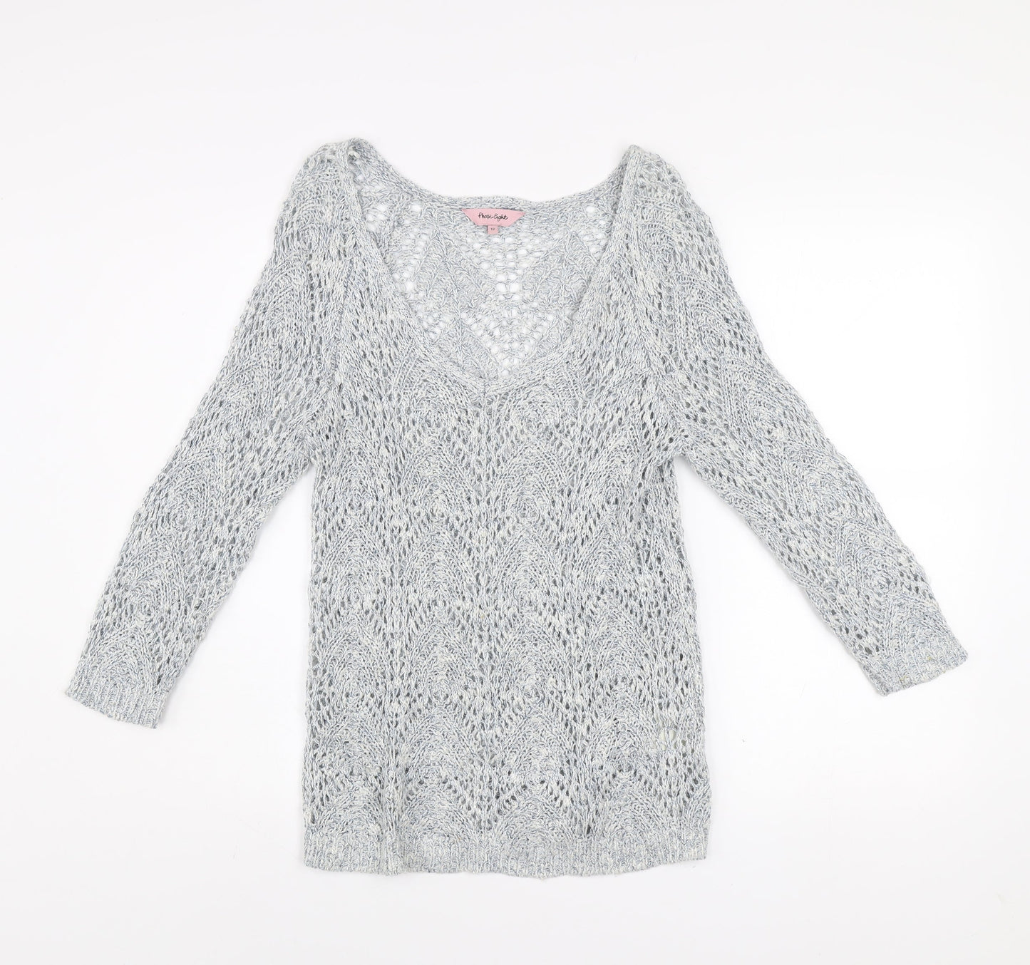 Phase Eight Women's Grey Open-Knit V-Neck Long Sleeve Jumper Size 12