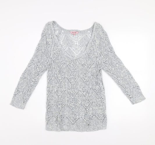 Phase Eight Women's Grey Open-Knit V-Neck Long Sleeve Jumper Size 12