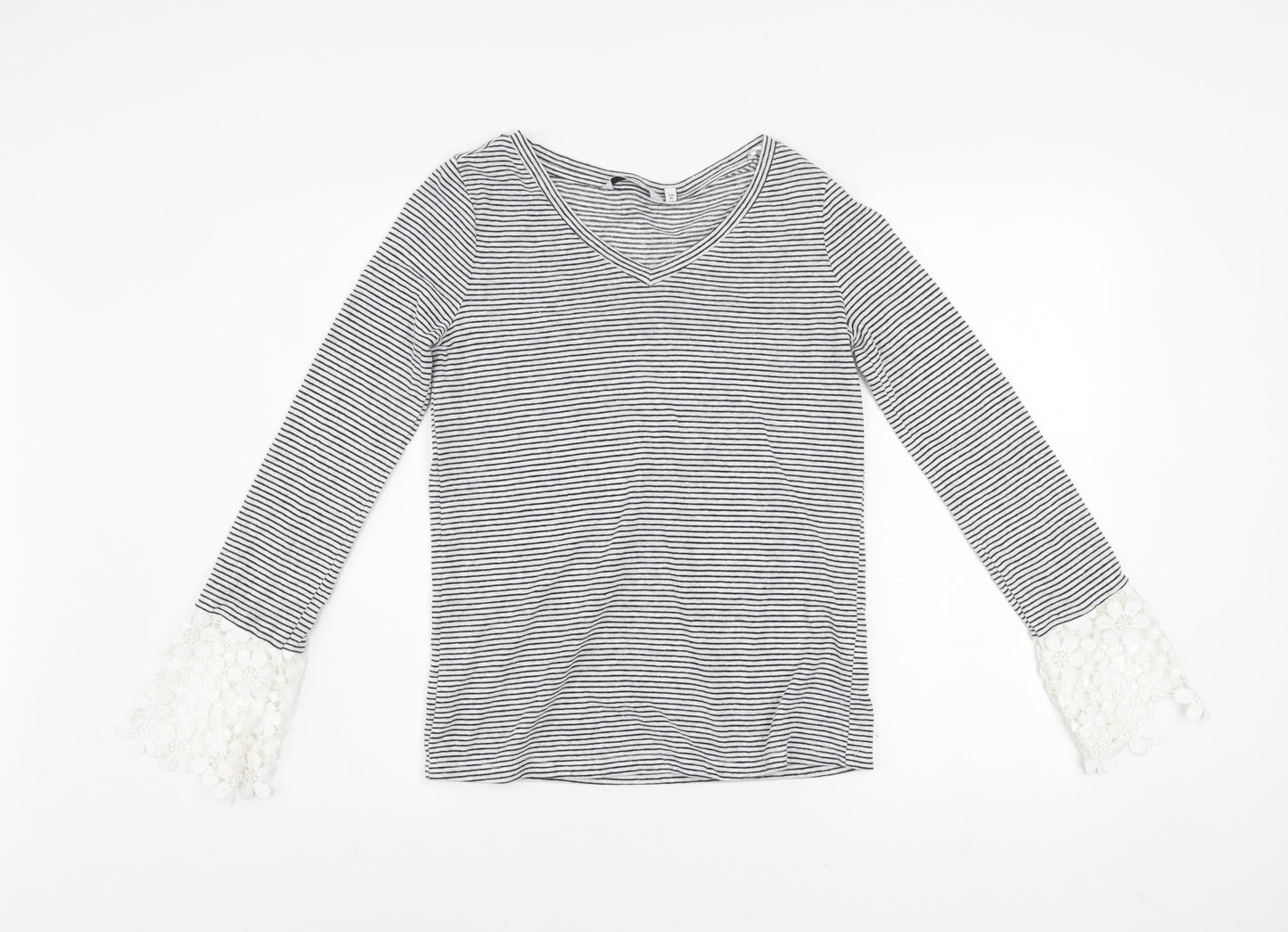 Next Women's Black Striped Linen Blend Long Sleeve V-Neck Top Size 6
