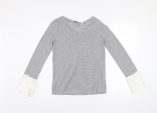 Next Women's Black Striped Linen Blend Long Sleeve V-Neck Top Size 6