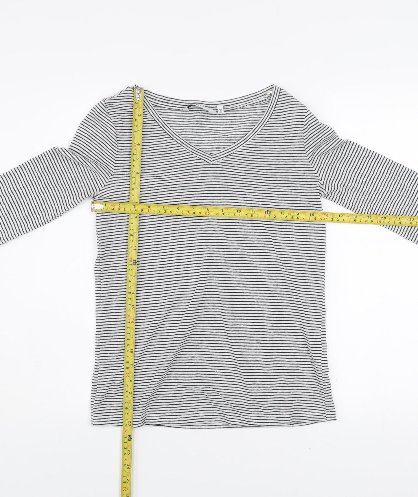 Next Women's Black Striped Linen Blend Long Sleeve V-Neck Top Size 6