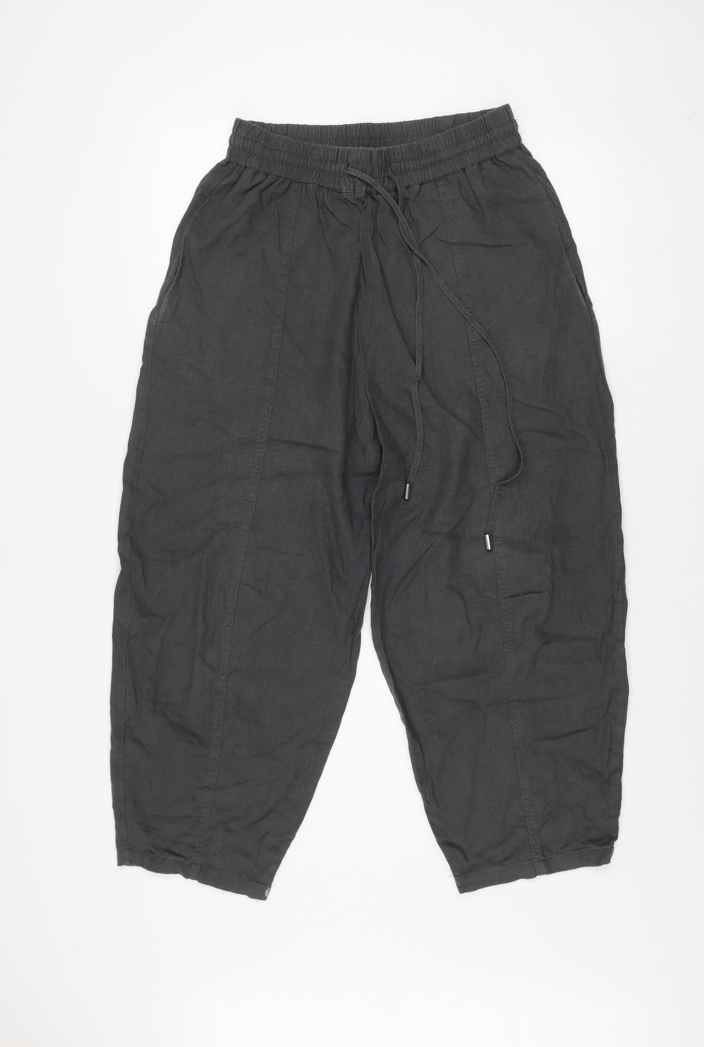 ZARA Women Black Linen Blend Cropped Trousers Size S
