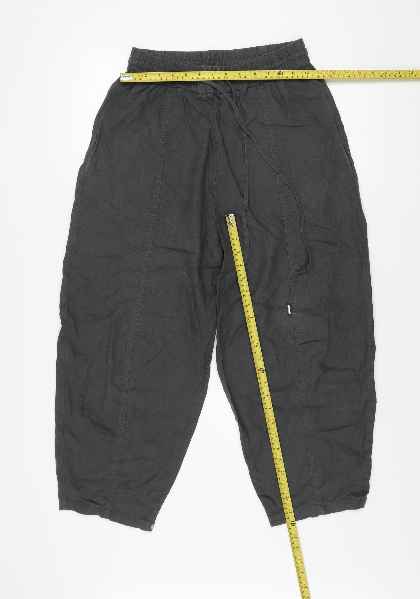 ZARA Women Black Linen Blend Cropped Trousers Size S