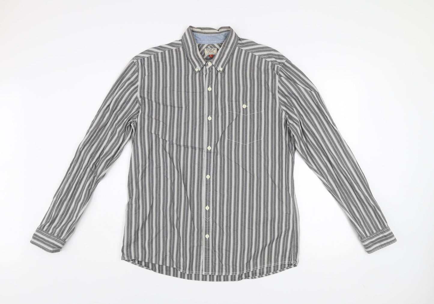 Next Men's Grey Striped Cotton Button-Down Long Sleeve Shirt Size L
