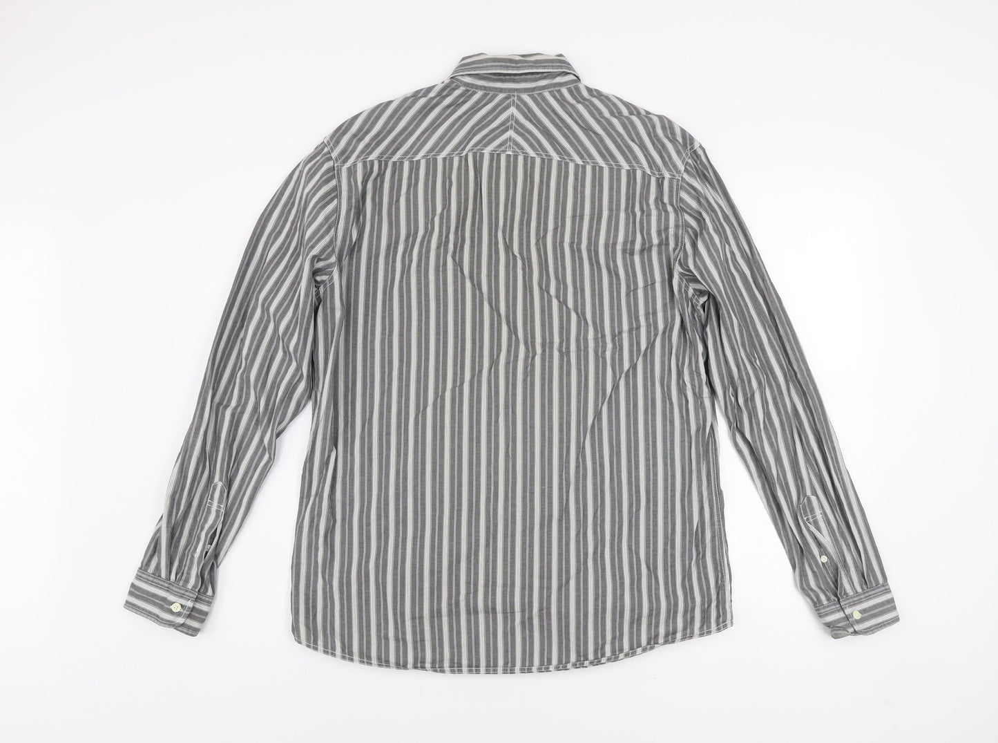 Next Men's Grey Striped Cotton Button-Down Long Sleeve Shirt Size L
