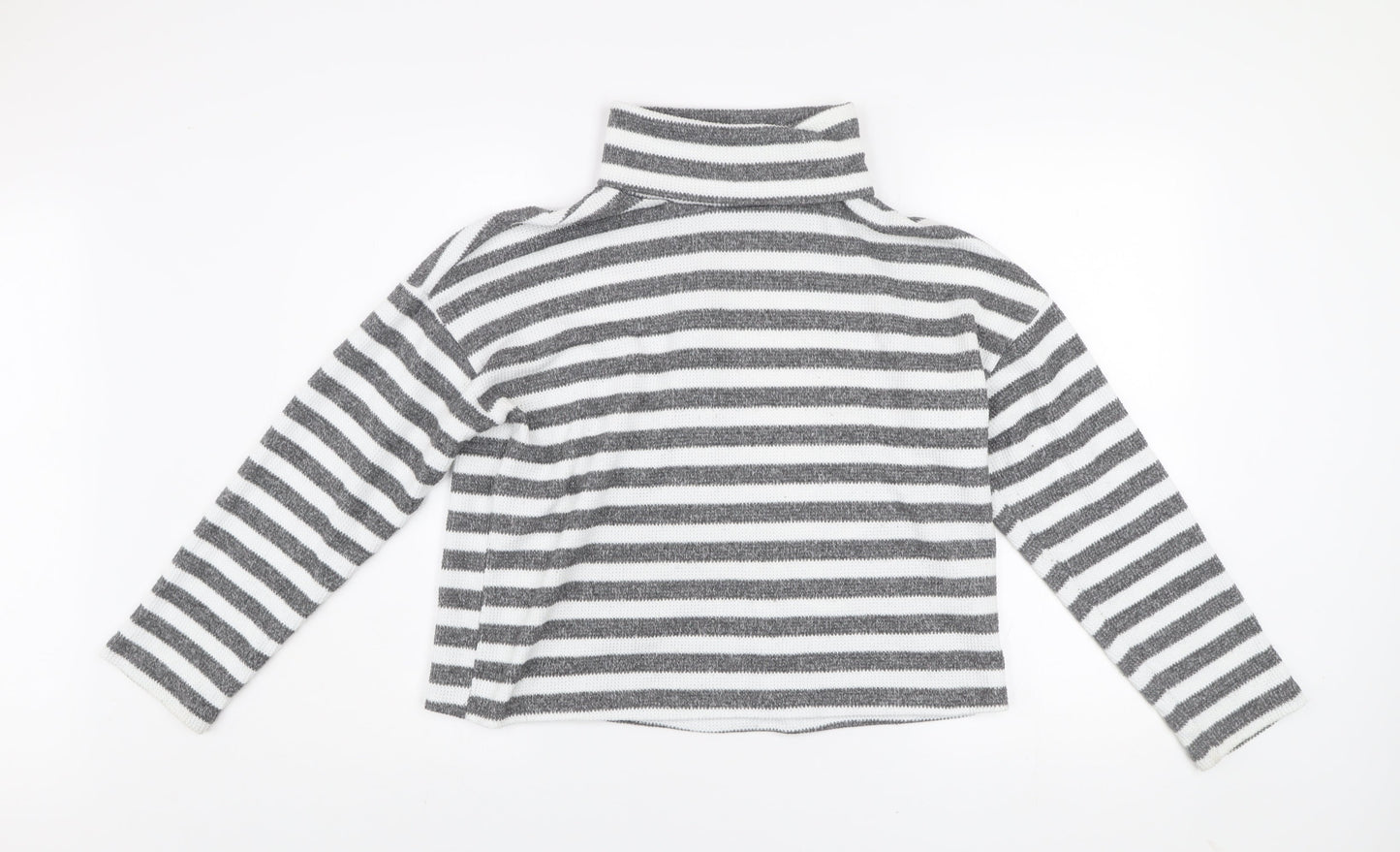 New Look Women’s Grey White Striped Roll Neck Pullover Jumper M