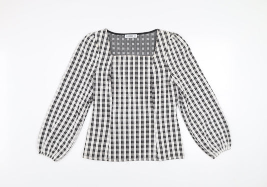 Gallery Women’s Black Check Long Sleeve Square Neck Tunic Blouse UK 12