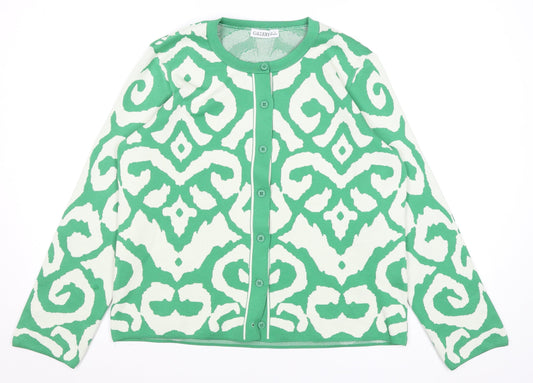 Gallery Women Green White Cardigan Medium Polyester Patterned Knit