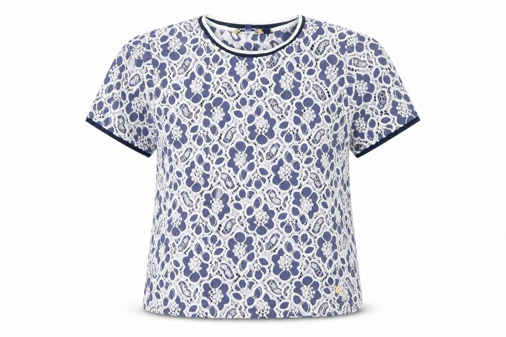 Superdry Women Blue Floral Lace Short Sleeve T-Shirt M