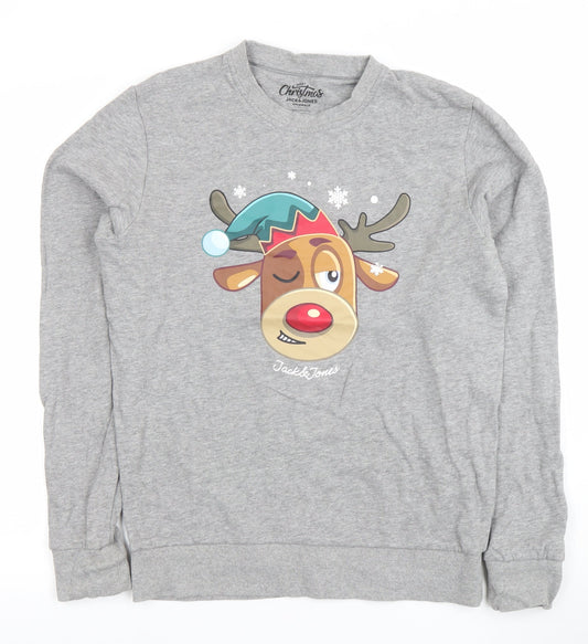 Jack & Jones Men's Grey Christmas Reindeer Graphic Sweatshirt S