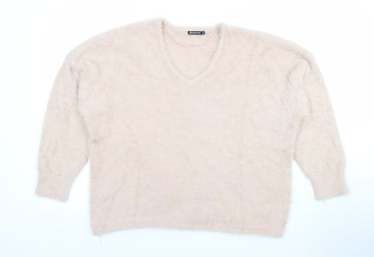 Stradivarius Women’s Beige V-Neck Fluffy Knit Jumper Size 12