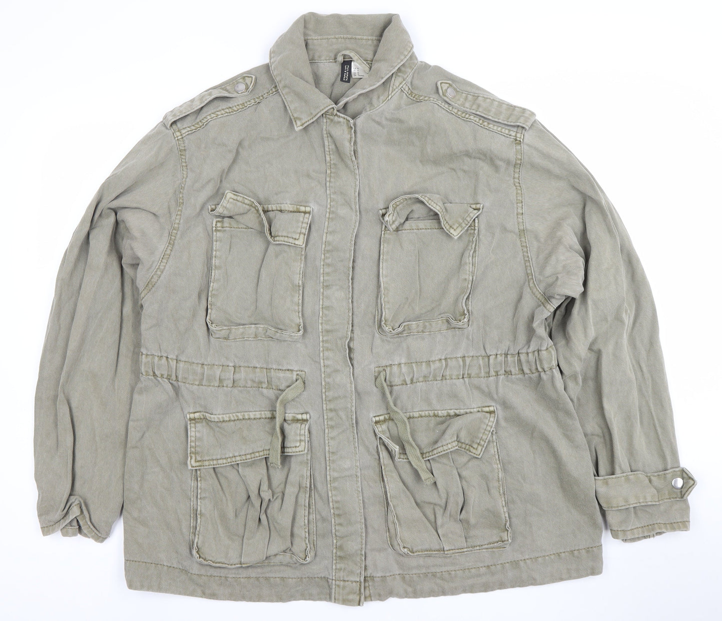 H&M Divided Women Khaki Cotton Military Jacket M Regular Long Sleeve
