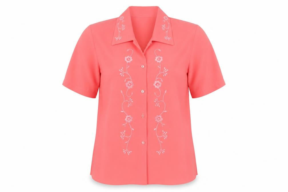 Evie Arch London Women's Pink Embroidered Short Sleeve Button-Up Blouse Size 10
