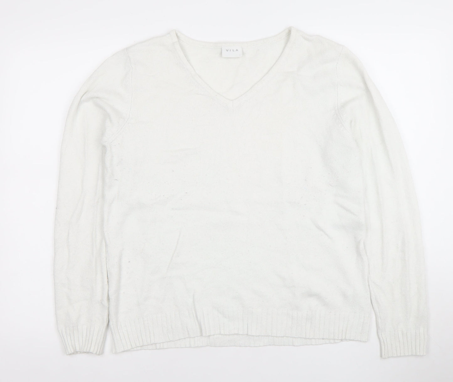 Vila Women White V-Neck Knit Jumper L Long Sleeve Pullover