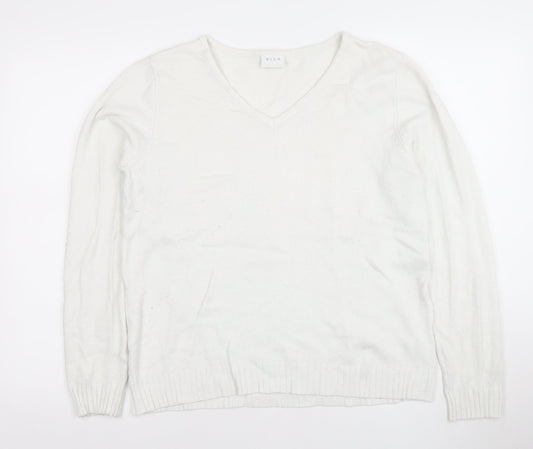 Vila Women White V-Neck Knit Jumper L Long Sleeve Pullover