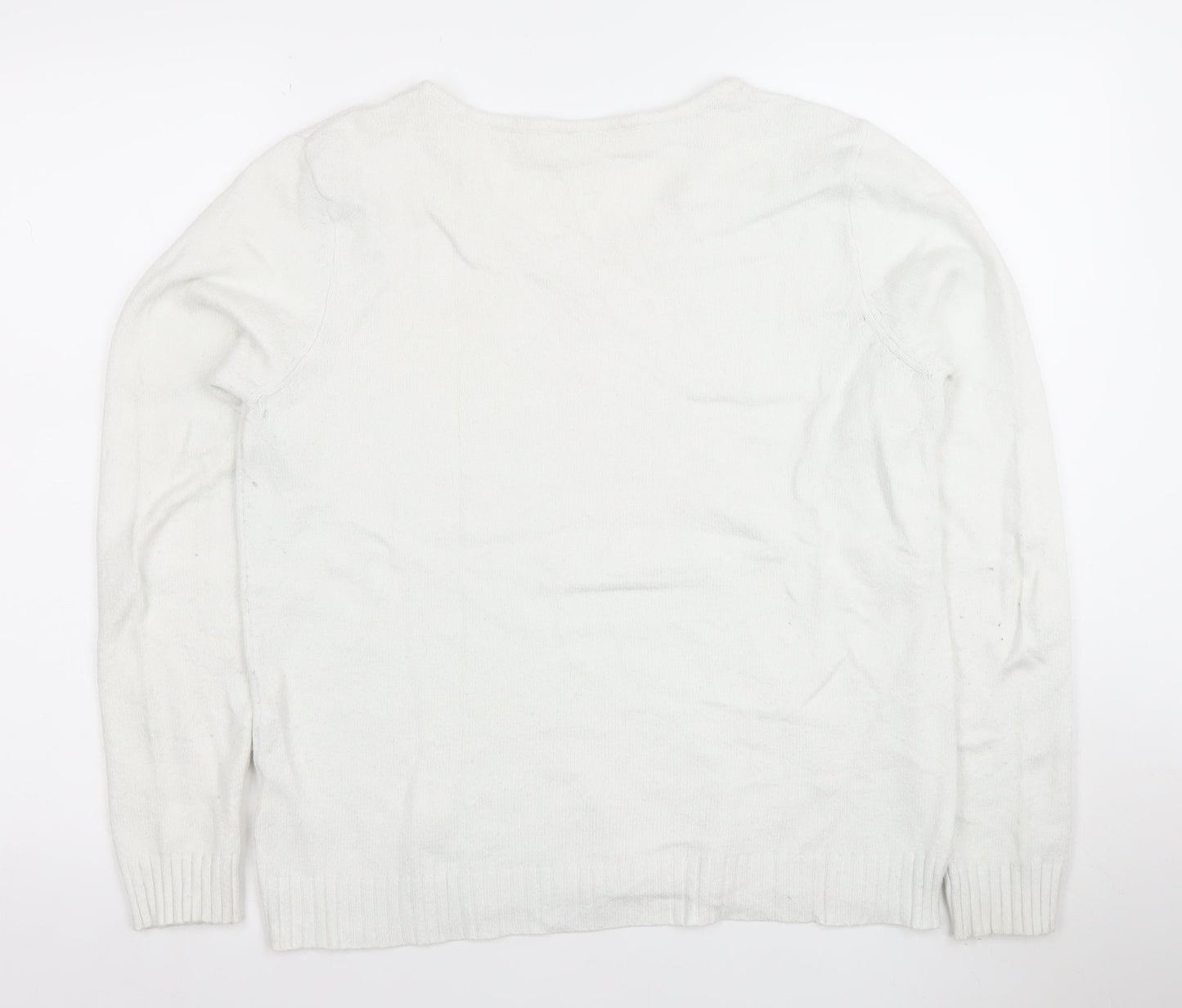 Vila Women White V-Neck Knit Jumper L Long Sleeve Pullover