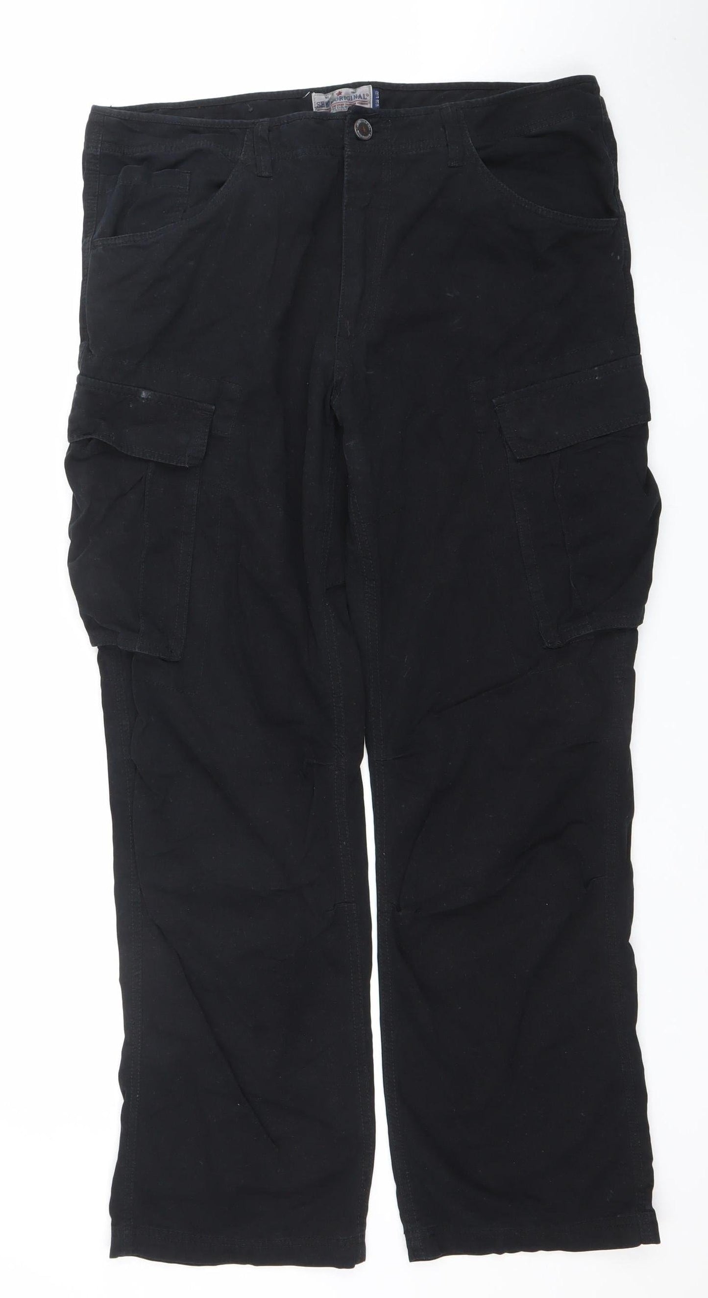 Shine Original Men's Black Cargo Trousers W36 L32 Regular Fit Cotton