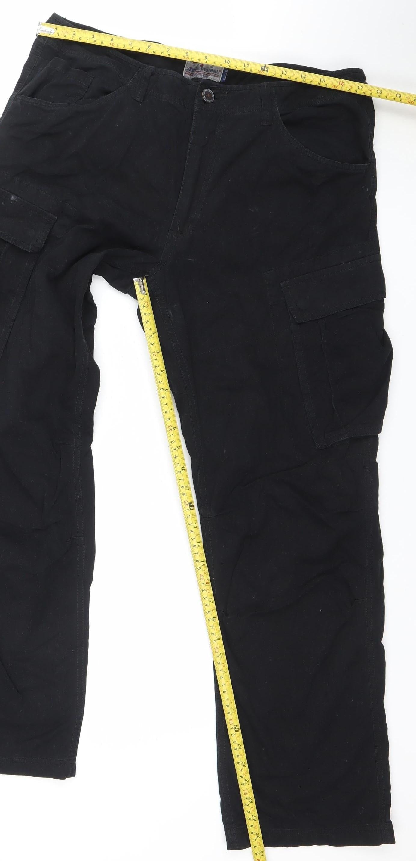 Shine Original Men's Black Cargo Trousers W36 L32 Regular Fit Cotton