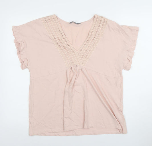 Principles Women Pink Crochet V-Neck Cotton Tunic Blouse Size 12