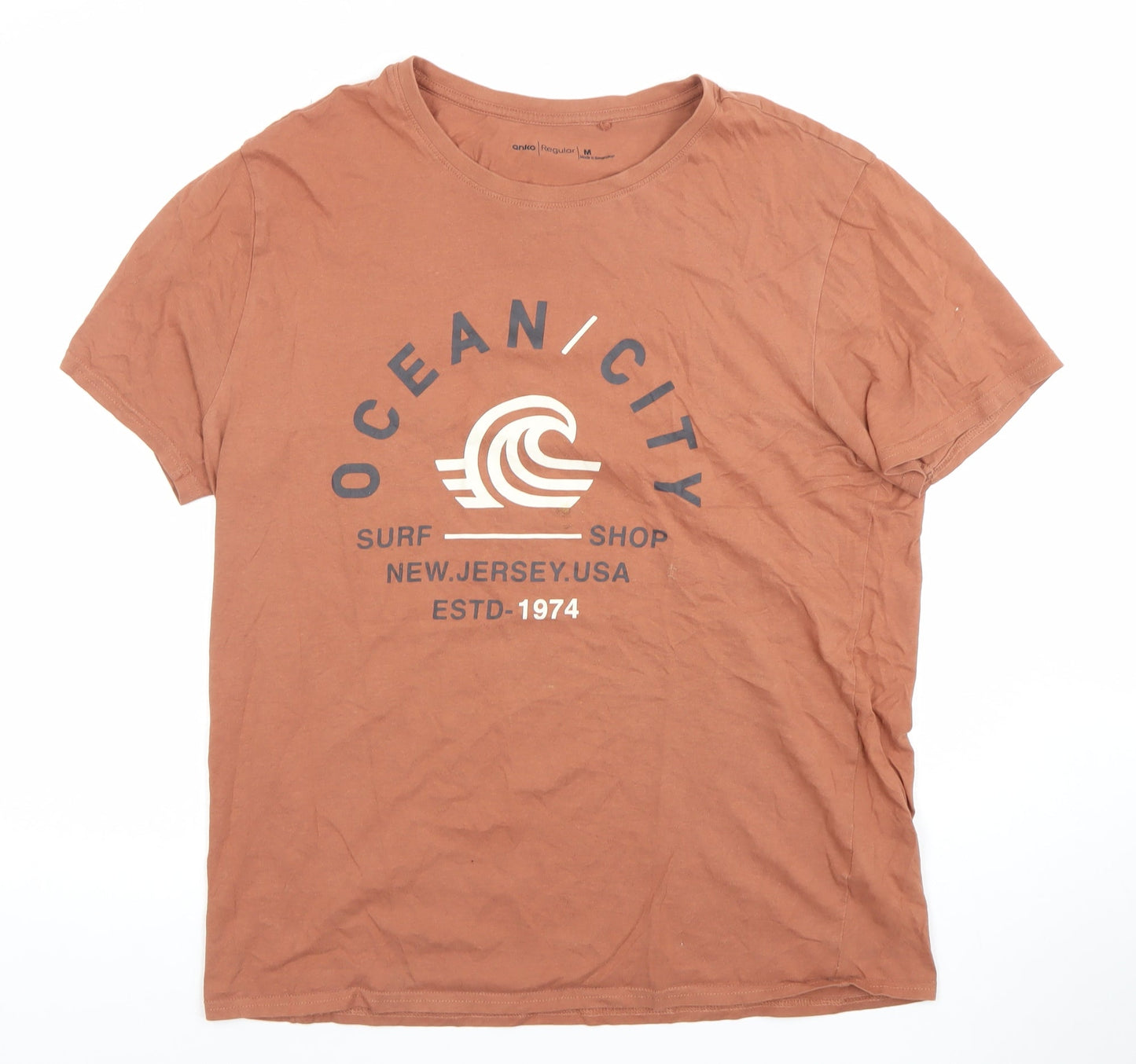 Anko Men's Brown Ocean City Surf Graphic Cotton T-Shirt M Regular Fit