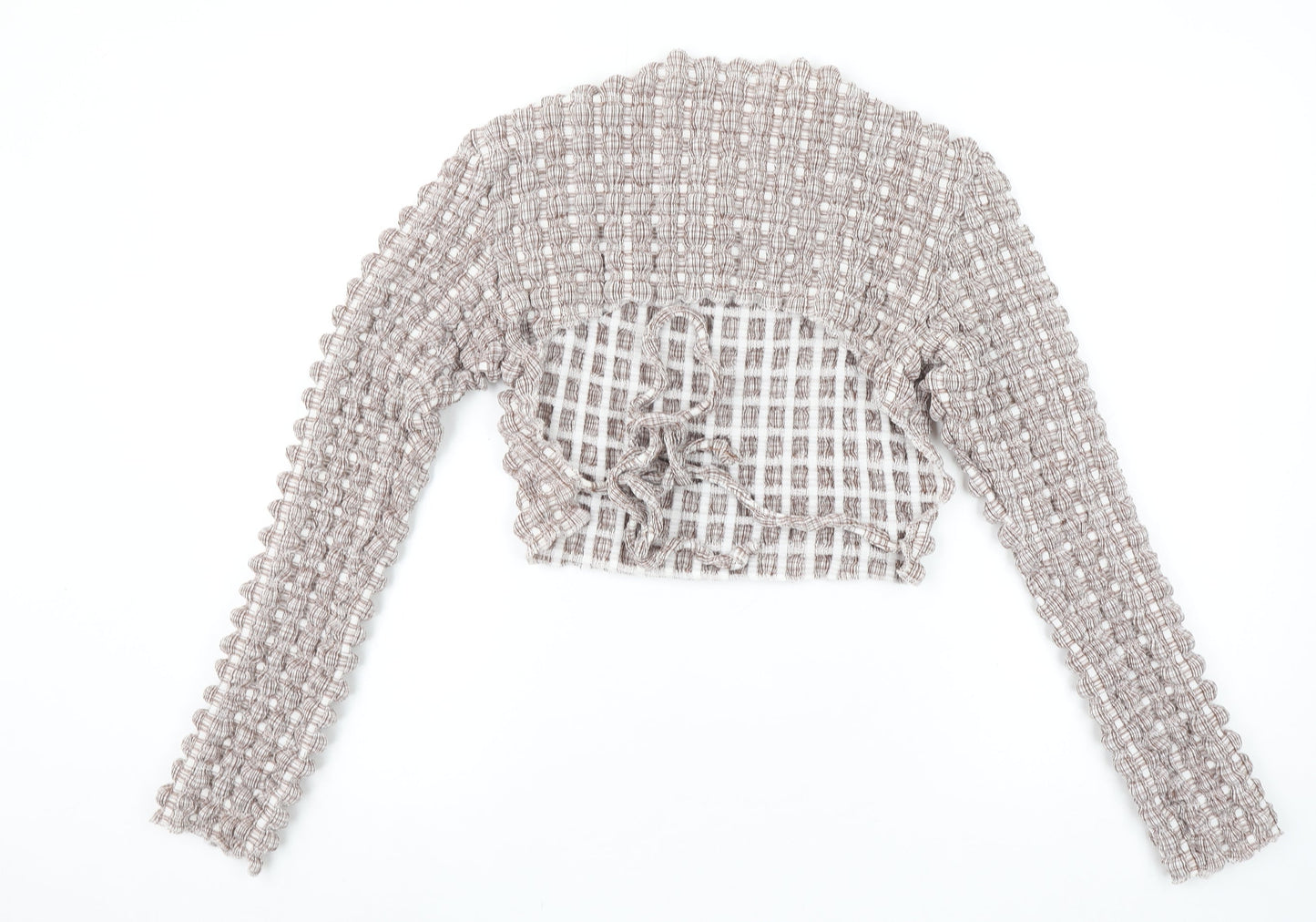 PrettyLittleThing Women’s Beige Check Cropped Ruffle Blouse Size 12