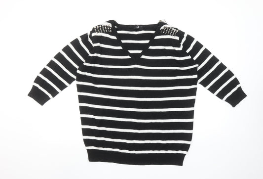 Wallis Women Black White Striped V-Neck Jumper Size M Stud Detail