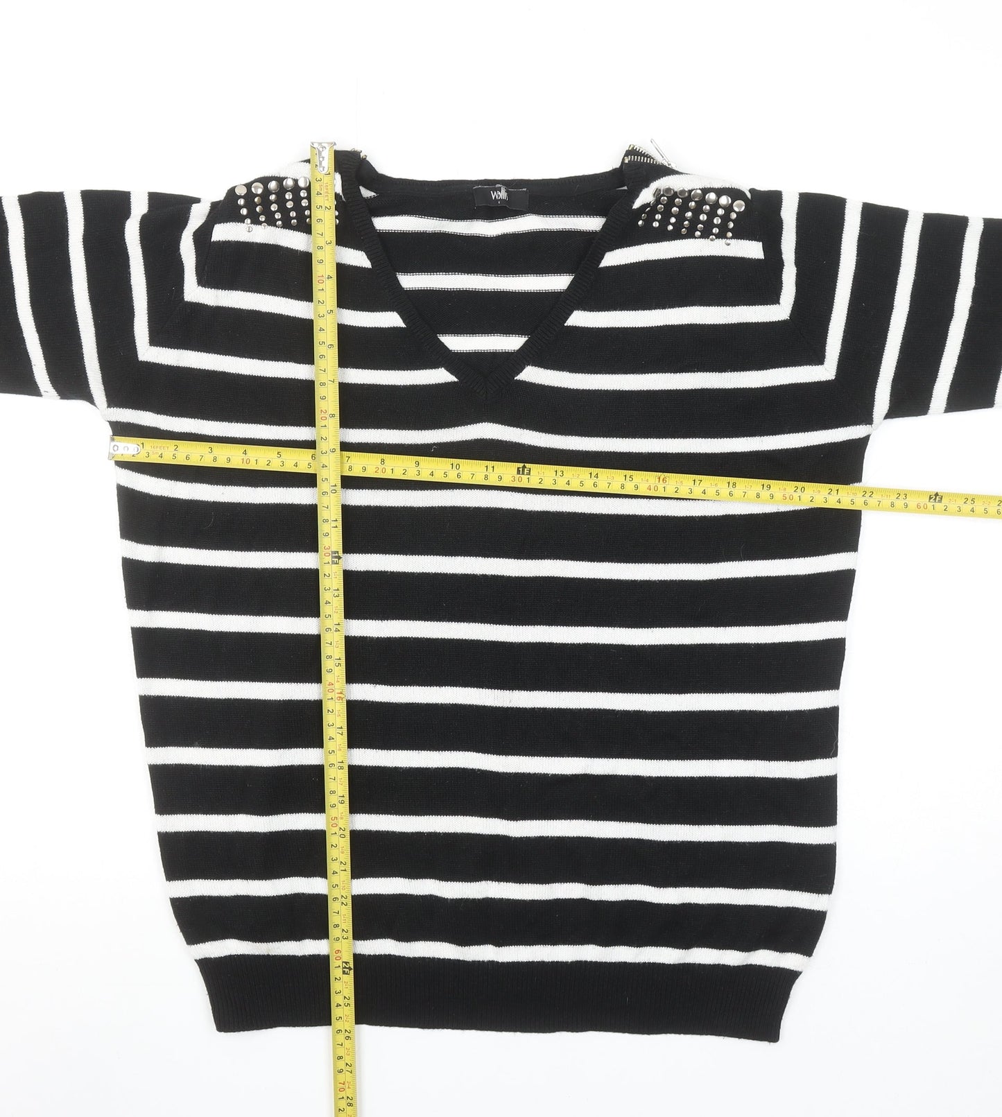 Wallis Women Black White Striped V-Neck Jumper Size M Stud Detail