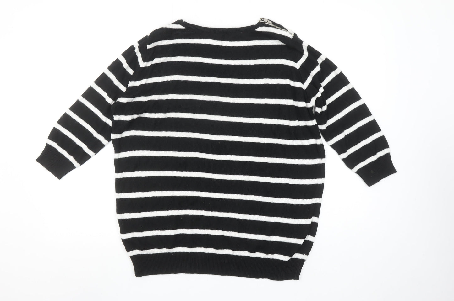 Wallis Women Black White Striped V-Neck Jumper Size M Stud Detail