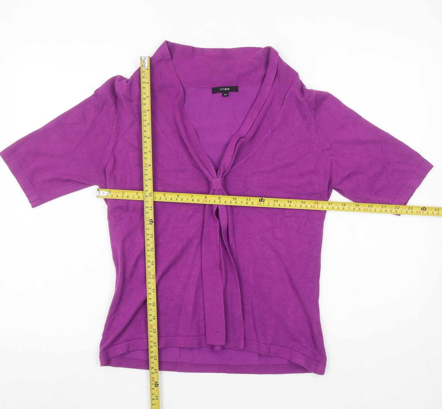 Linea Women’s Purple V-Neck Tie Short Sleeve Knit Blouse Size M