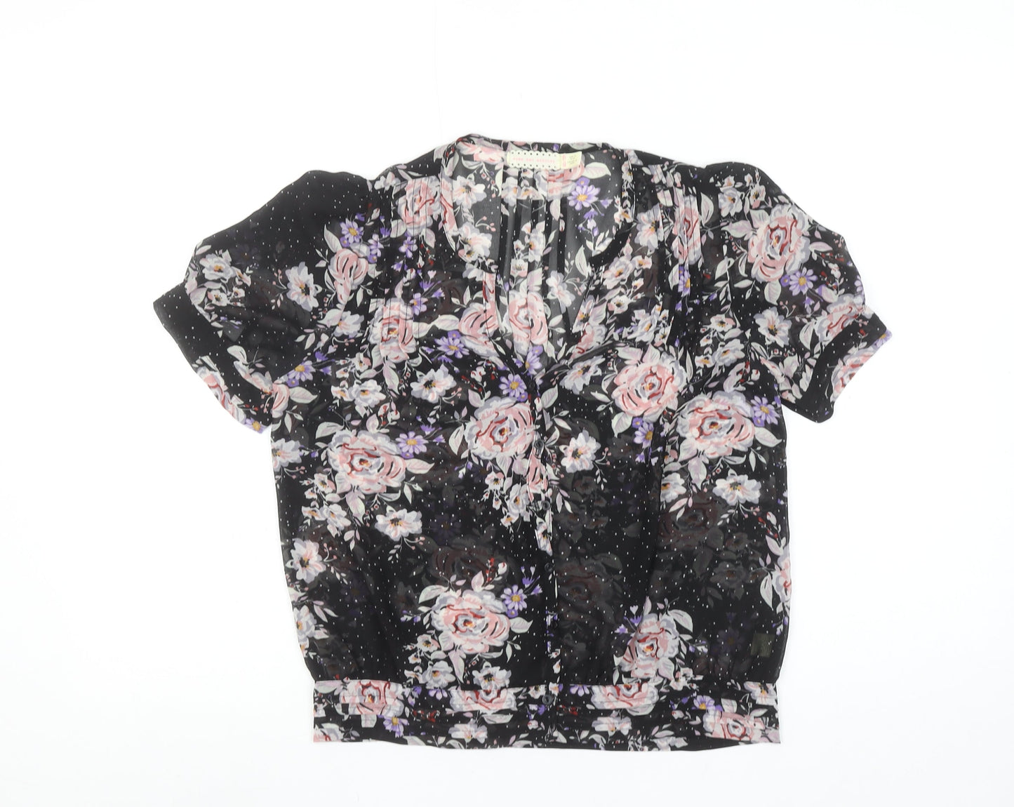 Pins and Needles Womens Black Floral Sheer Short Sleeve Blouse XS