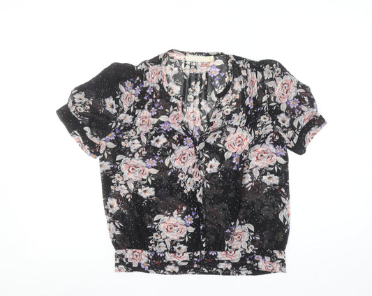 Pins and Needles Womens Black Floral Sheer Short Sleeve Blouse XS