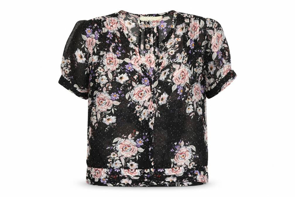 Pins & Needles Womens Black Floral Sheer Short Sleeve Blouse XS