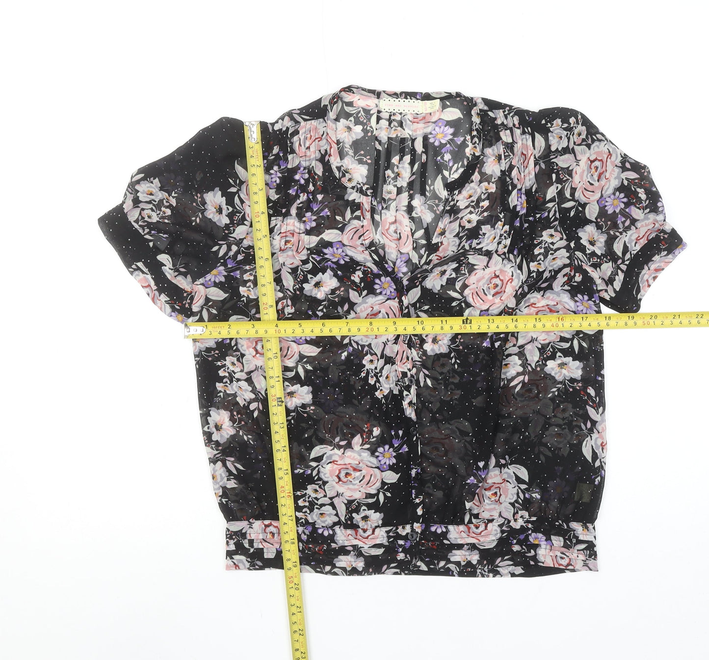 Pins and Needles Womens Black Floral Sheer Short Sleeve Blouse XS