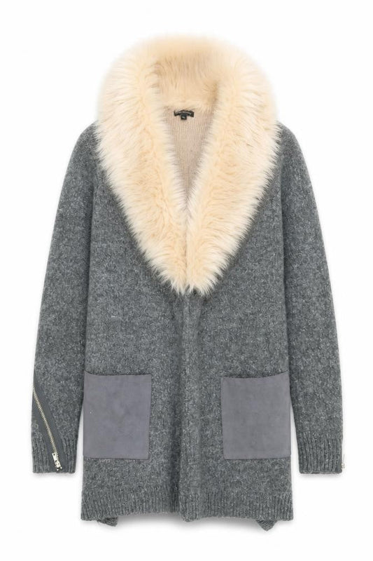 River Island Womens Grey Faux Fur Trim Open Cardigan Size 10