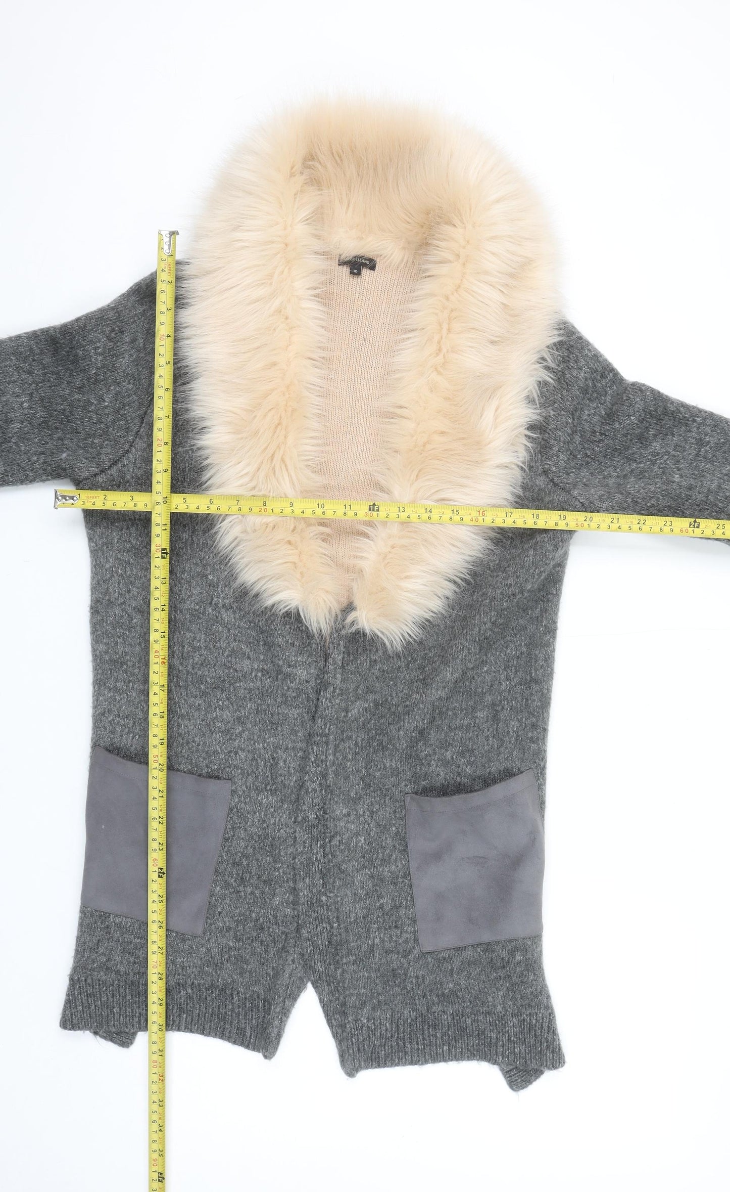 River Island Womens Grey Faux Fur Trim Open Cardigan Size 10
