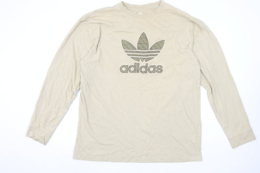 Adidas Men's Beige XL Long Sleeve Logo Cotton T-Shirt